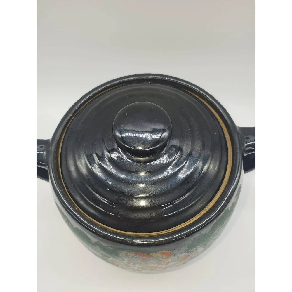 Vintage Black Ceramic Hand Painted Grape Bean Pot Cookie Jar with Lid 2 Handle